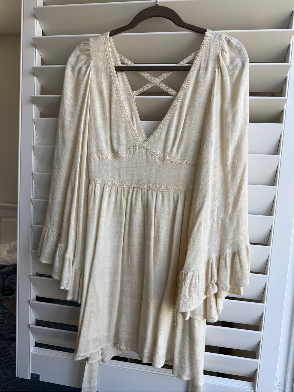 Urban Outfitters Cream Boho Lace-Trim V-Neck Mini Dress